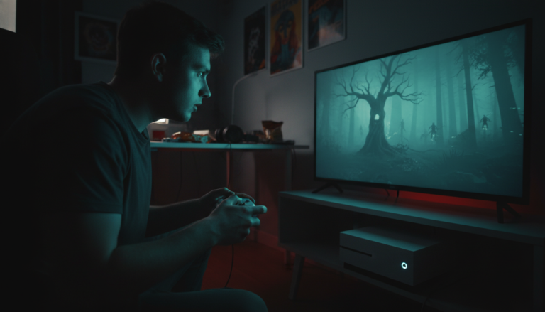 Jogador reagindo a um susto em um jogo de terror no Xbox Series S