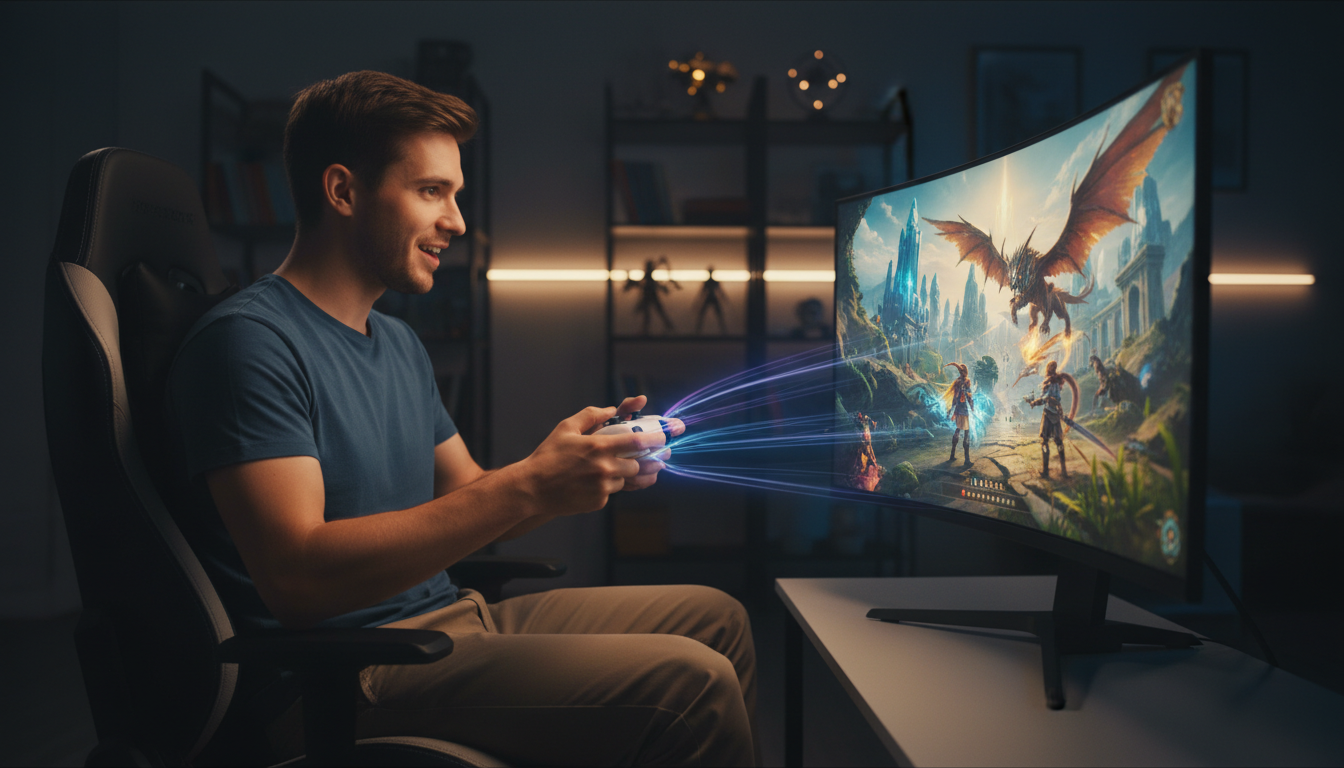 Jogador de PS5 em RPG com história profunda e imersiva.