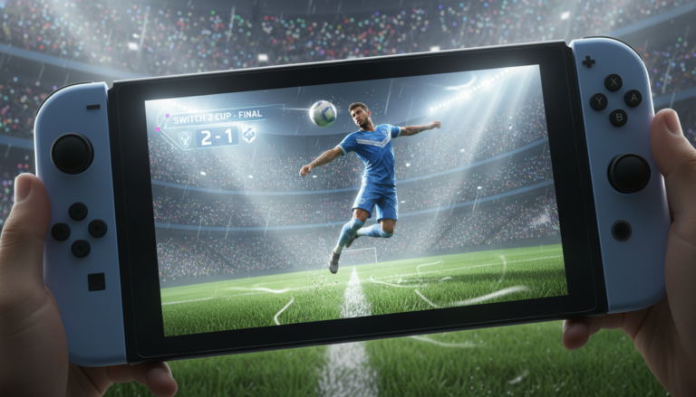 Jogador de futebol em ação com gráficos de próxima geração no Switch 2, refletindo realismo e imersão.