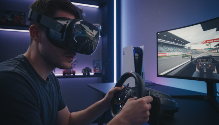 Pessoa jogando Gran Turismo 7 VR no PS5 com PS VR2, imersa na corrida.