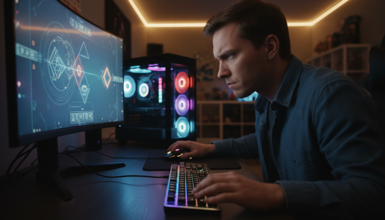 PC Gamer jogando novo lançamento de puzzle 2026, desafios mentais, quebra-cabeças futuristas