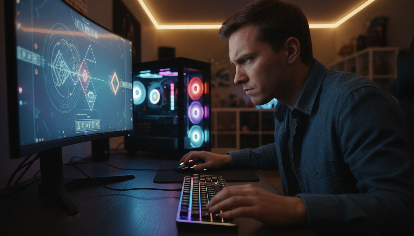 PC Gamer jogando novo lançamento de puzzle 2026, desafios mentais, quebra-cabeças futuristas