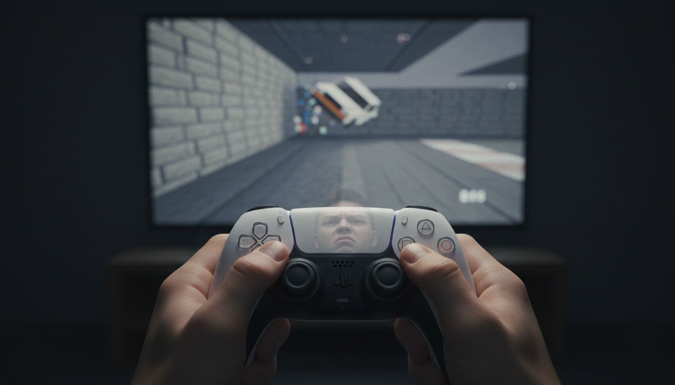 Homem frustrado segurando controle PS5, jogo de corrida com gráficos ruins na TV, decepção com game de PS5.