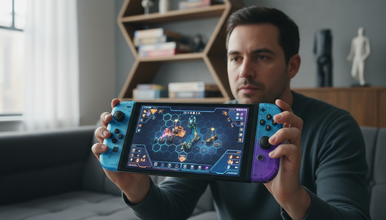 Pessoa jogando jogo de estratégia no Switch 2, tela com mapa tático, controles Joy-Con, console portátil e poderoso para estratégia.