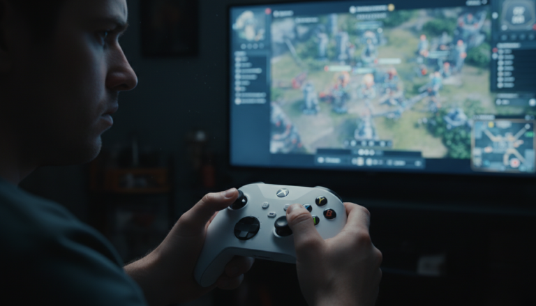 Mãos segurando controle Xbox Series S jogando estratégia