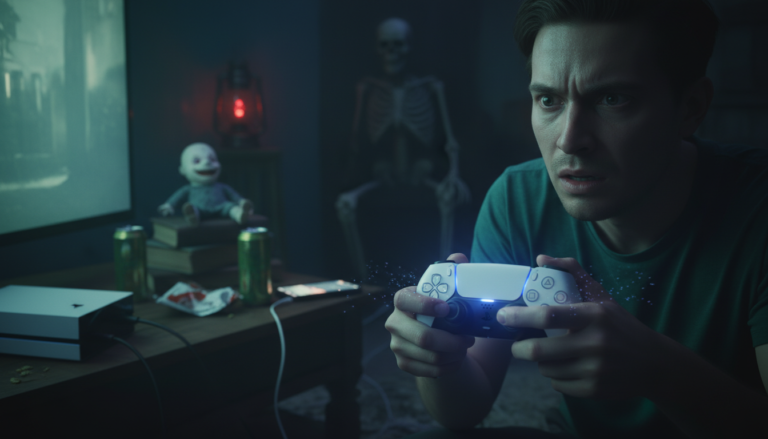 Pessoa jogando jogo de terror PS5, efeitos psicológicos, imersão, medo, DualSense, reação emocional, gamer