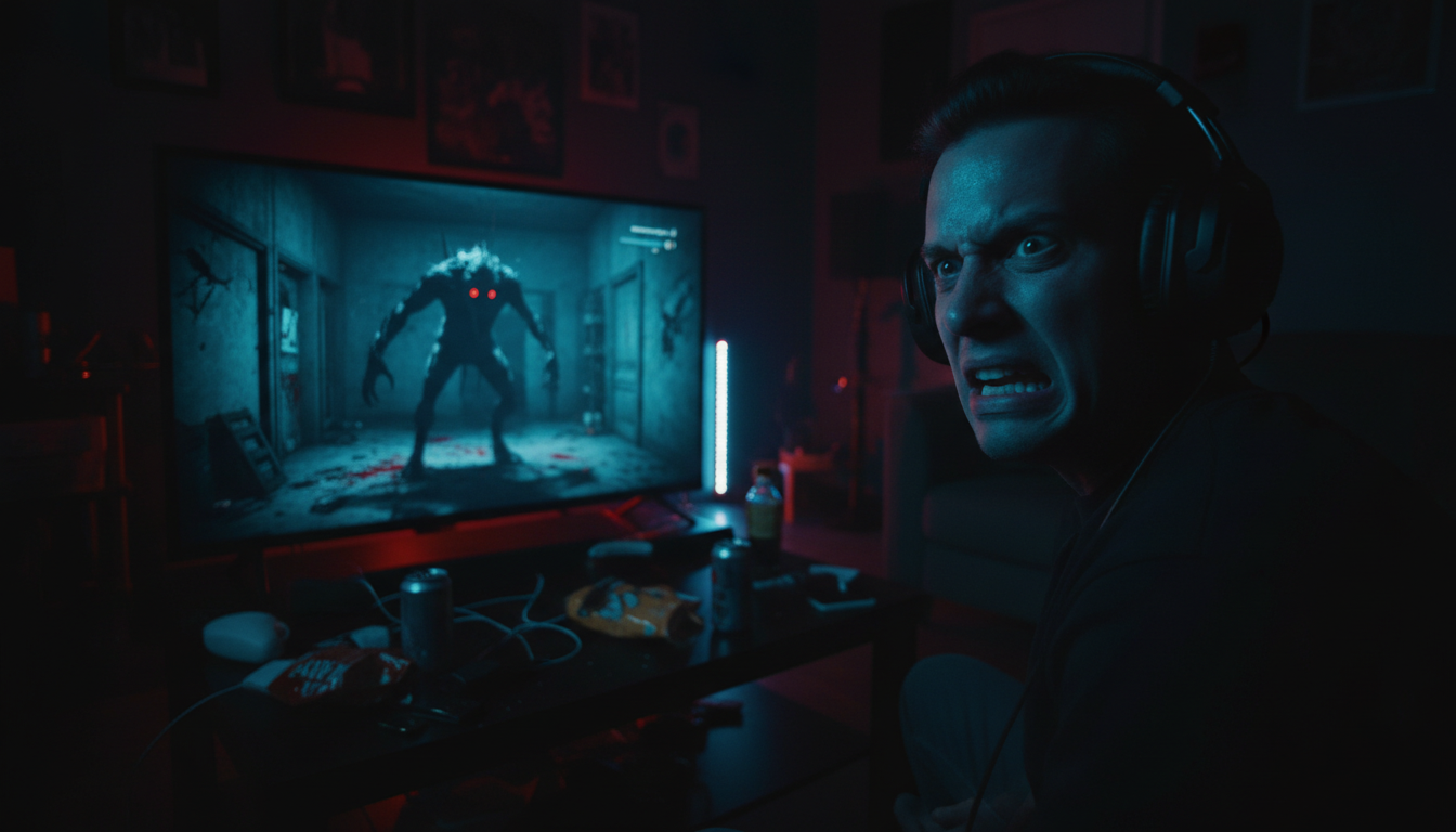 Homem jogando terror PS5, ambiente otimizado, fones de ouvido, DualSense, escuridão, imersão total.