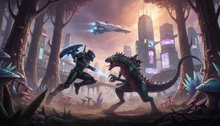 Ilustração de jogo de ação e aventura de PC de 2026, herói futurista, monstro, cidade cyberpunk, nave espacial, gráficos de nova geração