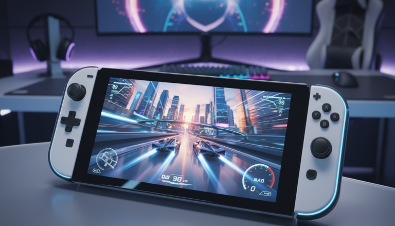 Nintendo Switch 2 com jogo de corrida na tela, console de próxima geração, jogos de velocidade, corrida portátil.