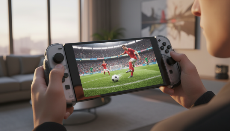 Nintendo Switch 2 com jogo de futebol rodando, demonstrando gráficos realistas e portabilidade, jogos de esportes no Switch 2