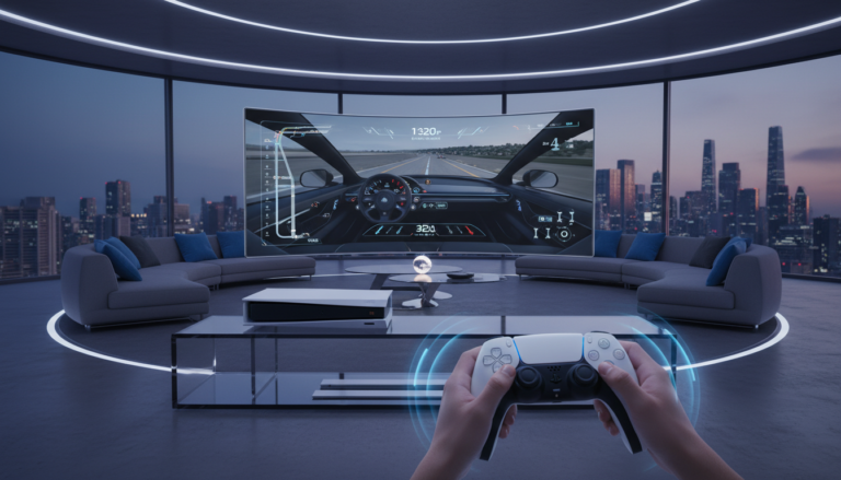 Gamer jogando simulador de PS5 em 2026, gráficos realistas, DualSense, futuro dos games.