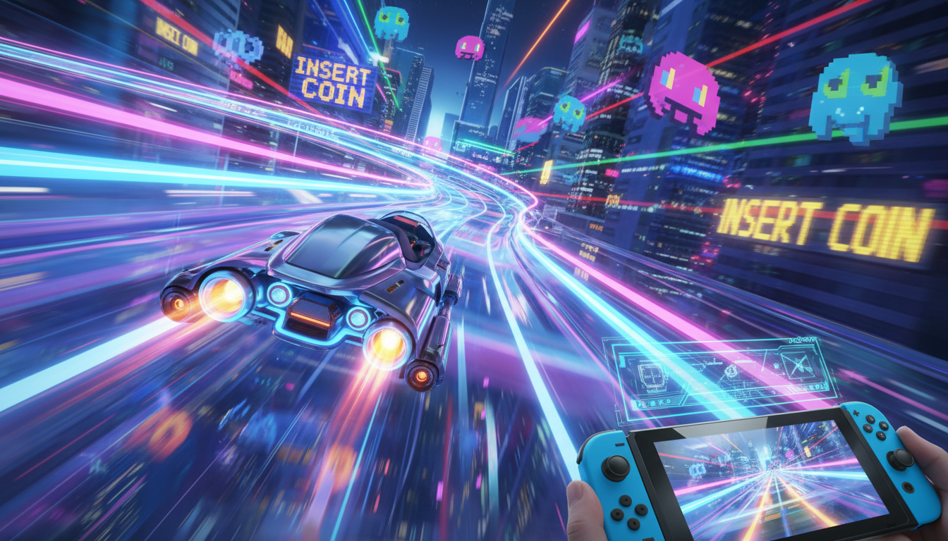Jogo de corrida retro-futurista para Nintendo Switch 2 com carro em pista neon