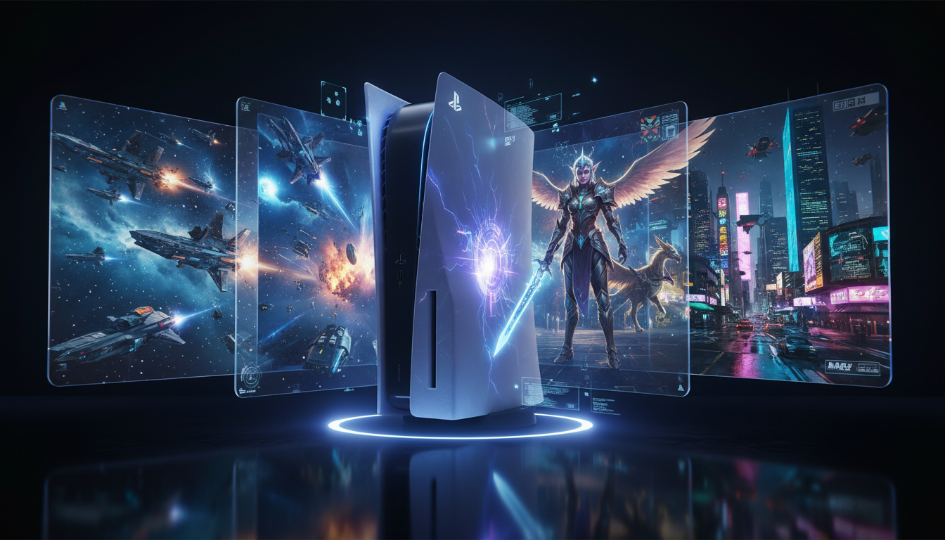PlayStation 5 com projeções holográficas de jogos futuros, simbolizando os lançamentos de 2026 e a estratégia reimaginada da Sony.
