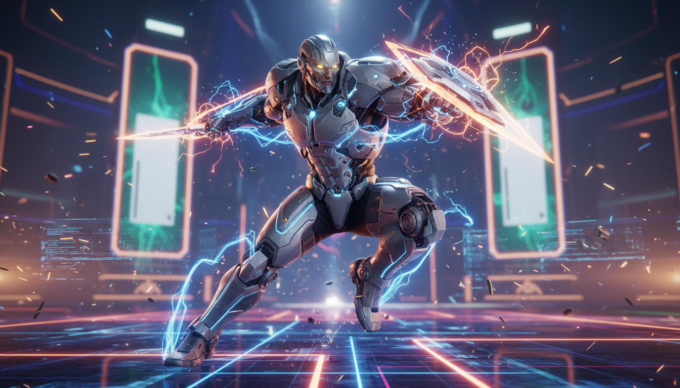 Personagem de jogo de luta futurista em combate intenso, com gráficos de nova geração e o console Xbox Series S ao fundo.