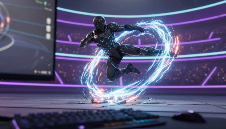 Personagem de jogo de luta futurista em combate intenso, simbolizando as Lutas Épicas e os jogos de luta para PC em 2026.