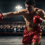 Boxer musculoso lançando um soco em ringue de boxe, simbolizando a adrenalina dos jogos de luta para PC.