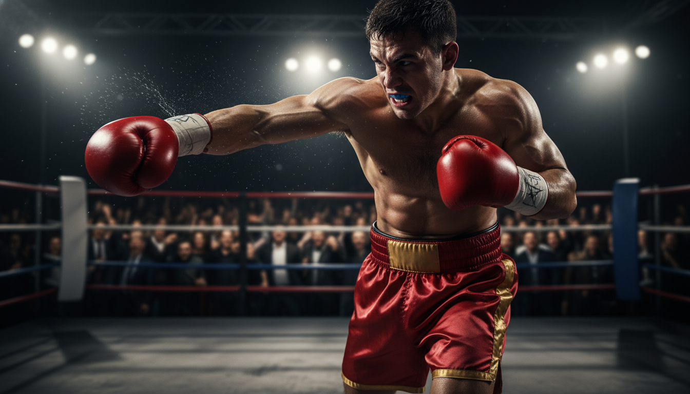 Boxer musculoso lançando um soco em ringue de boxe, simbolizando a adrenalina dos jogos de luta para PC.