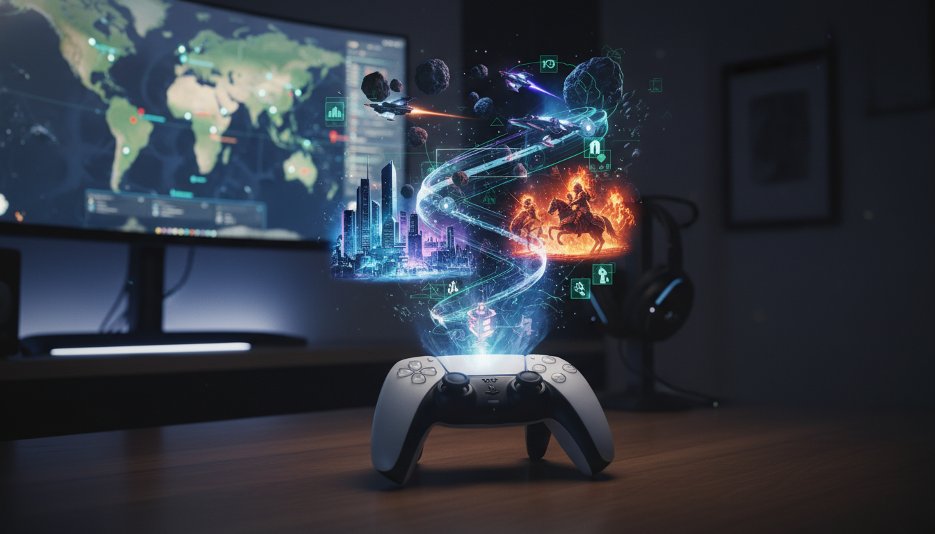 Controle DualSense e projeções de jogos de estratégia para PS5