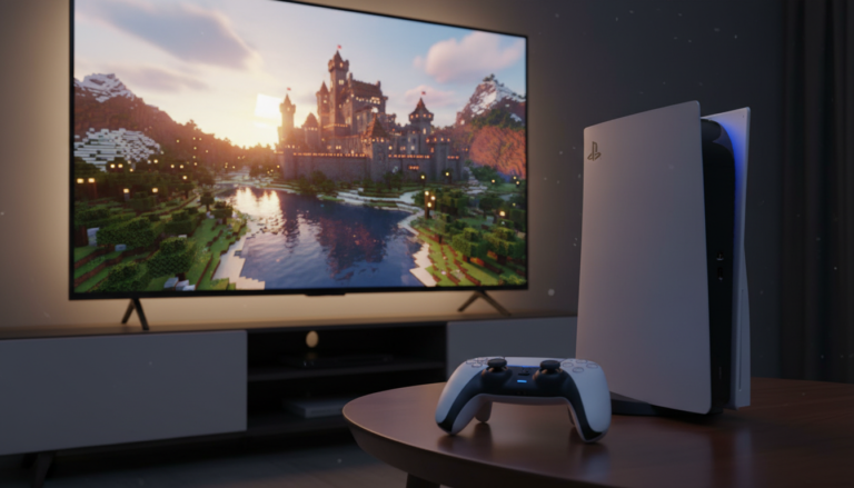 Minecraft rodando em um PlayStation 5 com gráficos 4K e controle DualSense