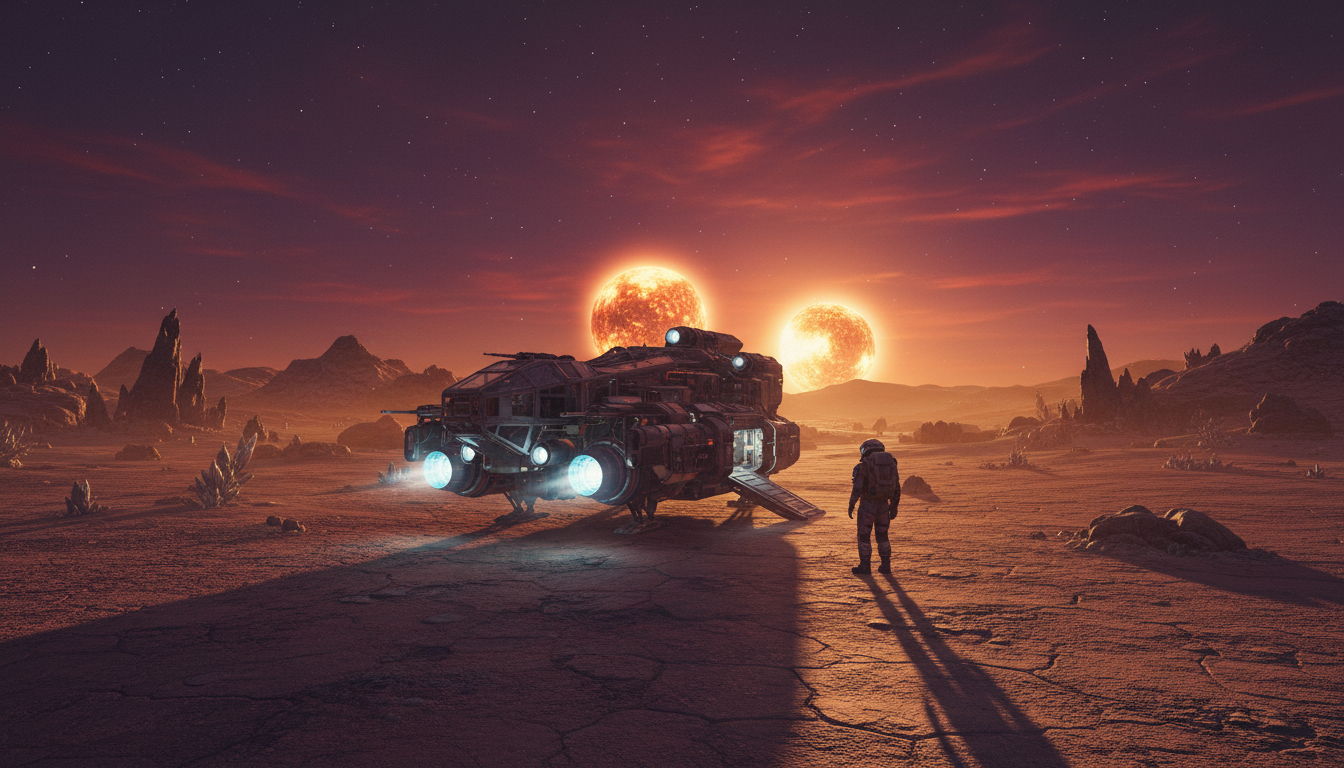 Nave espacial personalizada de Starfield em um planeta alienígena com dois sóis, astronauta observando a paisagem.