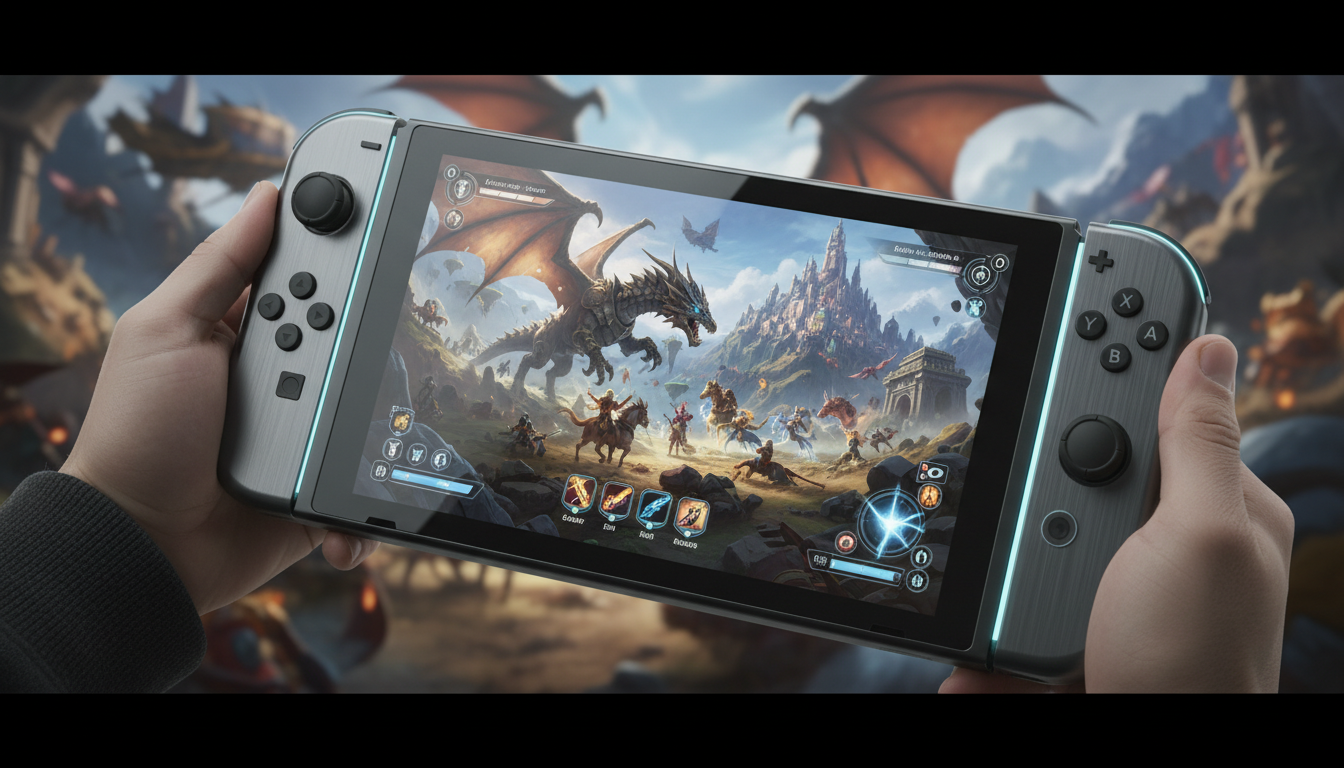 Console Nintendo Switch 2 com jogo de RPG de gráficos avançados na tela, mãos segurando o dispositivo, ambiente de fantasia ao fundo.