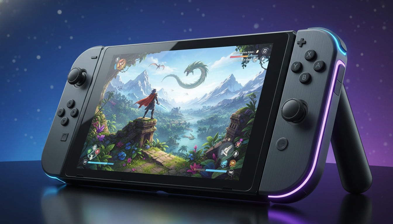 Console Nintendo Switch 2 com jogo de ação e aventura em tela, gráficos aprimorados, exploração de mundo aberto, personagens fantásticos.