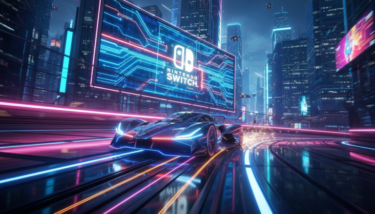 Carro de corrida futurista em pista digital com logo Nintendo Switch 2, simbolizando jogos de corrida com modo carreira.