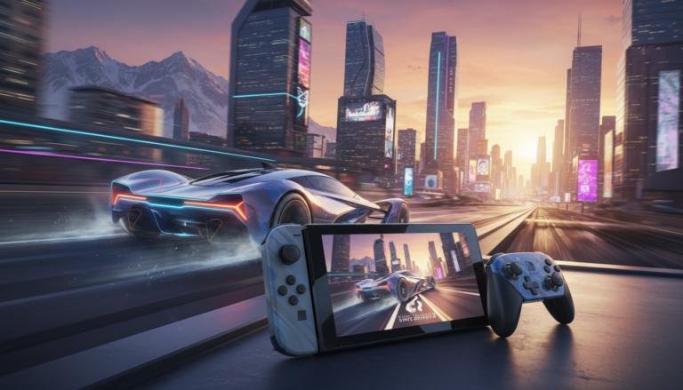 Carro de corrida futurista em alta velocidade em cenário de mundo aberto com Nintendo Switch 2 em primeiro plano