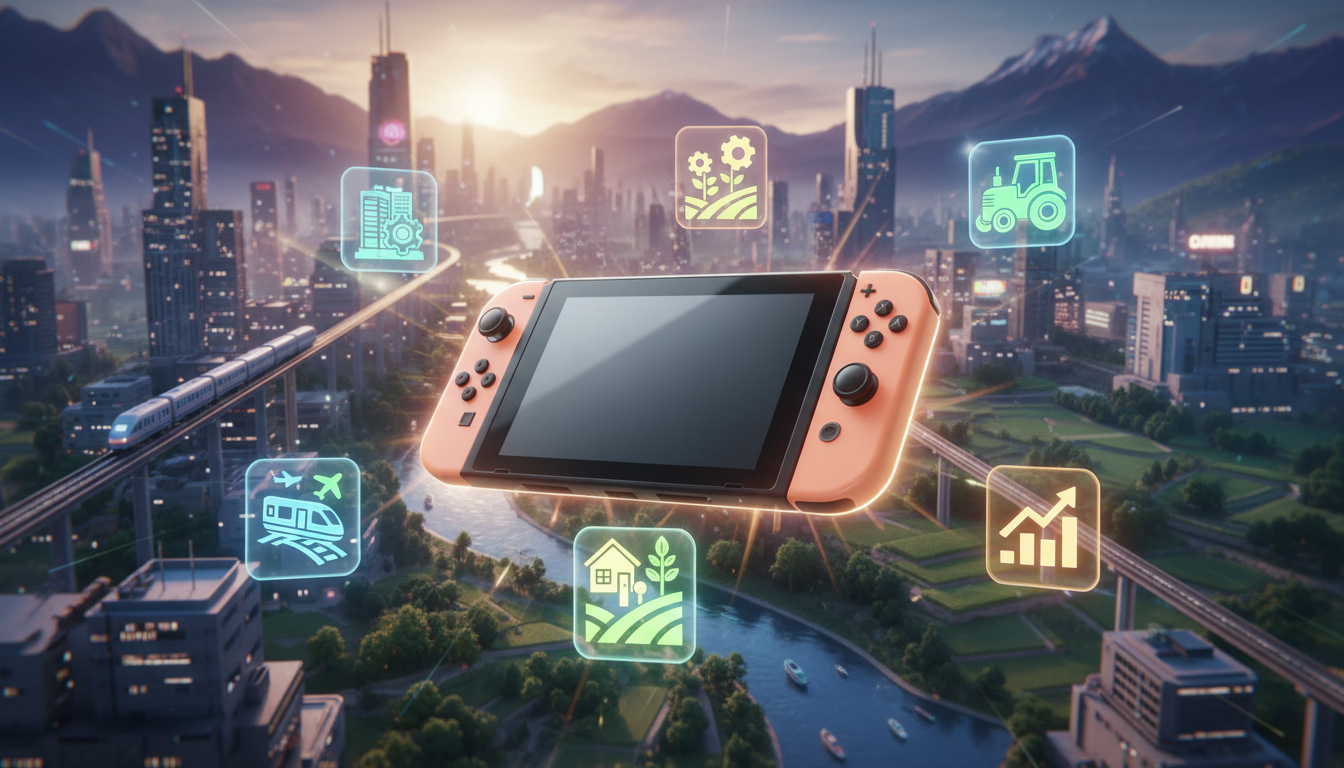 Nintendo Switch 2 com ícones de jogos de simulação, ilustrando os títulos mais esperados do gênero na nova plataforma.