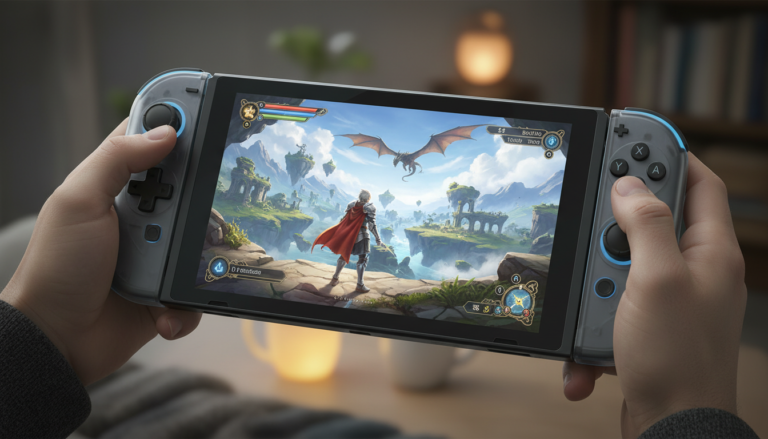 Mãos segurando Nintendo Switch 2 jogando RPG com gráficos vibrantes