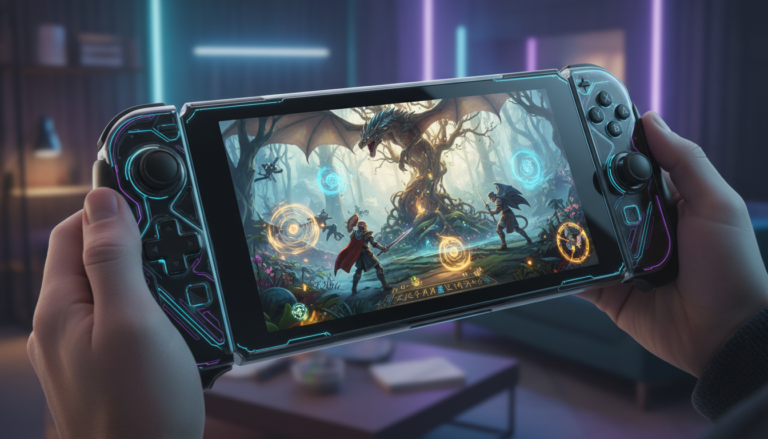 Nintendo Switch 2 com jogo de RPG de fantasia em exibição