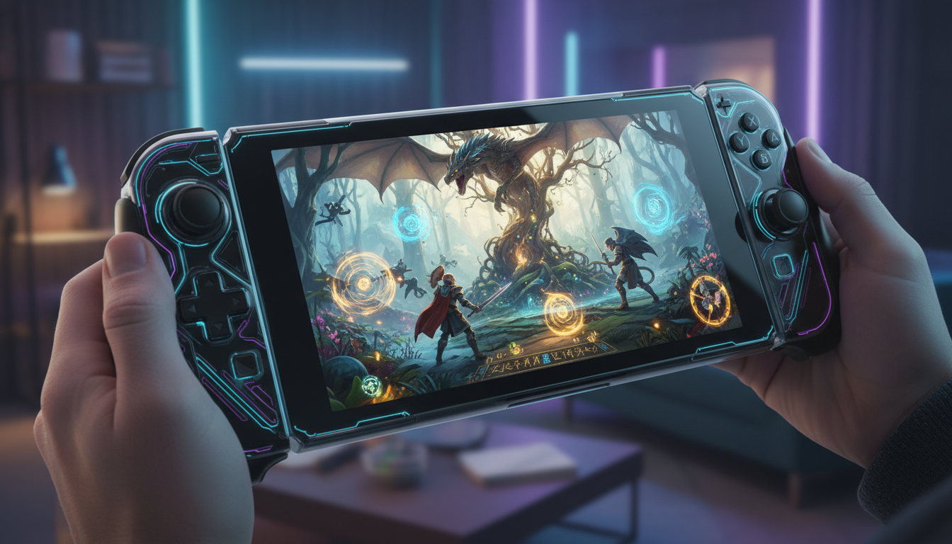 Nintendo Switch 2 com jogo de RPG de fantasia em exibição