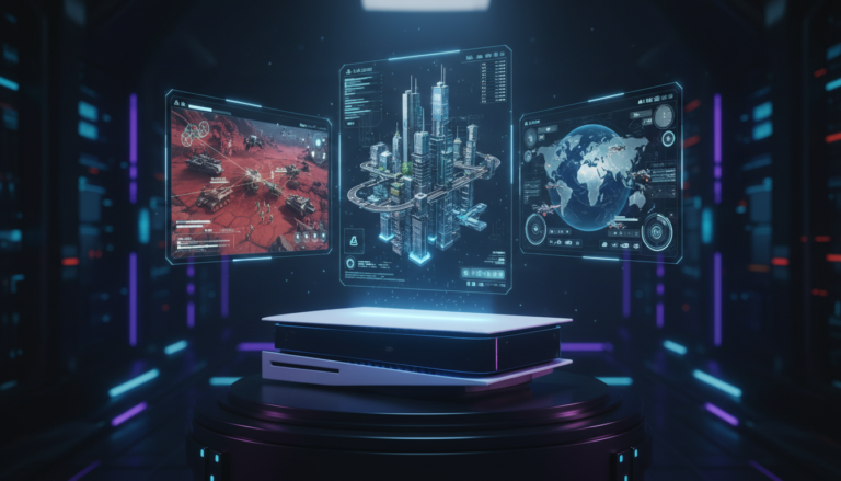 PlayStation 5 com projeções holográficas de jogos de estratégia futuristas para 2026