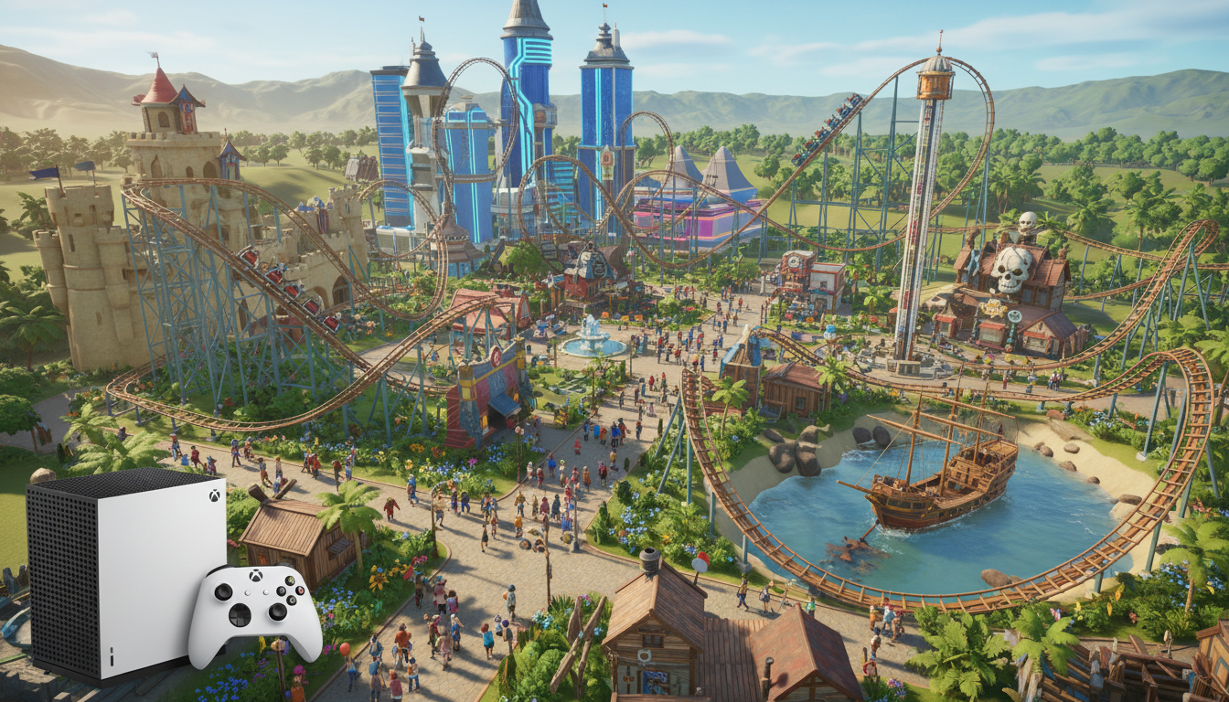 Captura de tela de Planet Coaster no Xbox Series S com um parque de diversões gigante e detalhado, com montanhas-russas e edifícios temáticos.