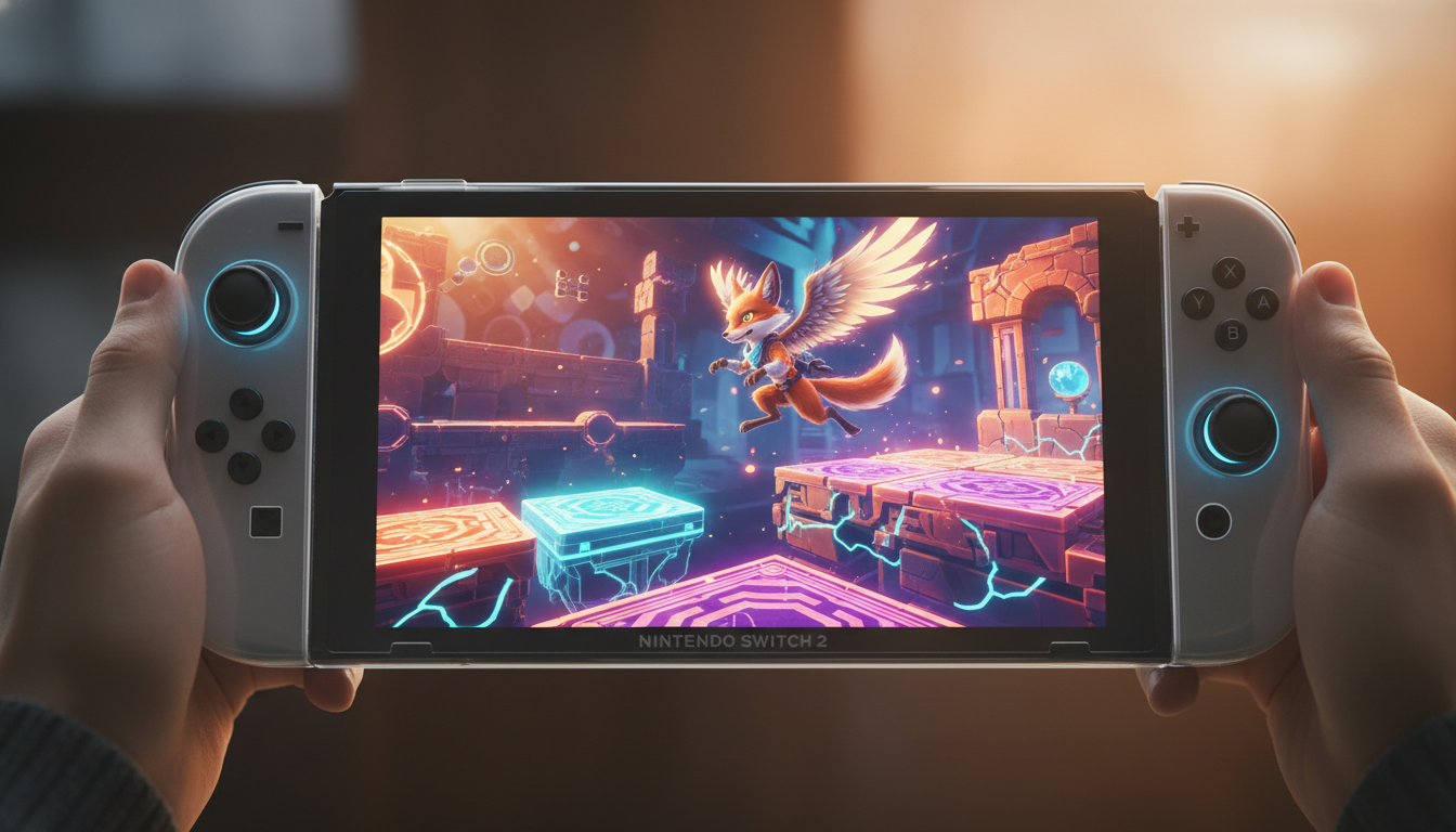 Console Nintendo Switch 2 com um jogo de plataforma colorido e desafiador na tela, ilustrando os novos gráficos e a jogabilidade imersiva.