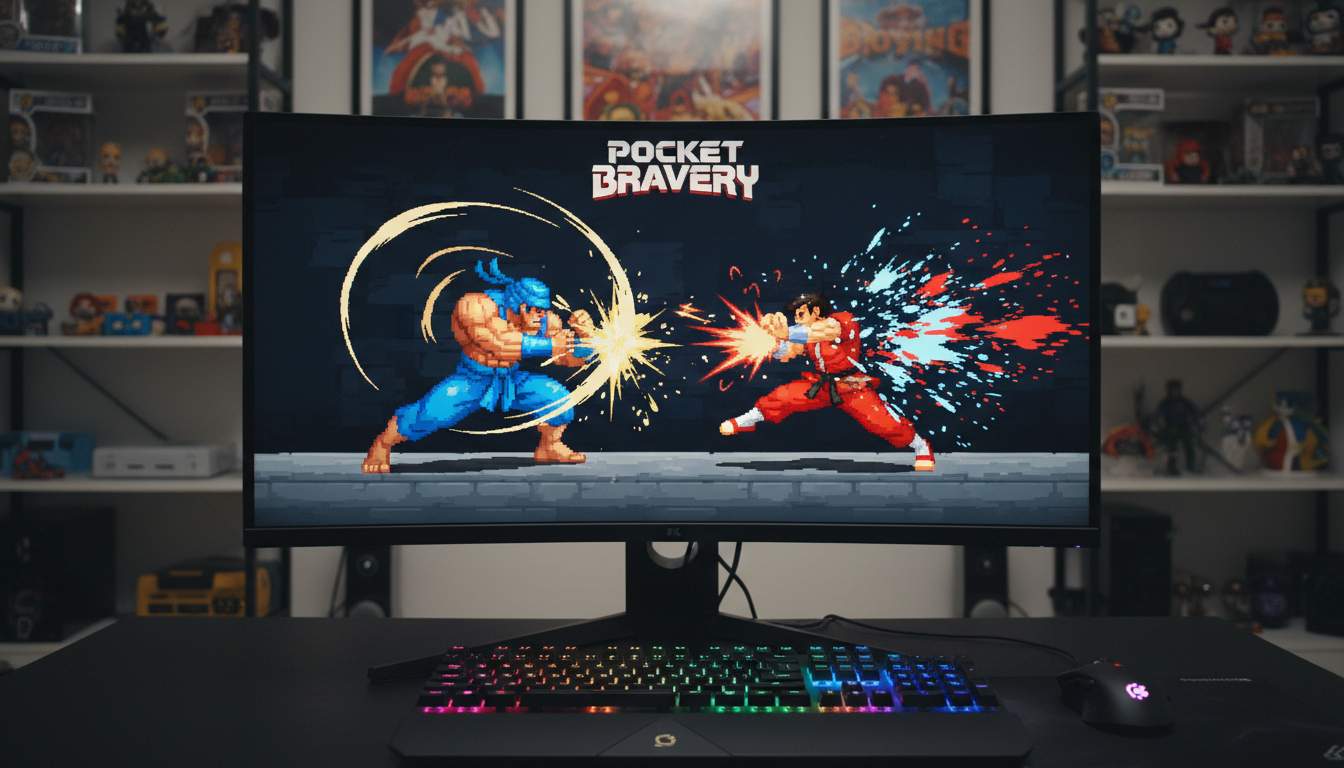 Gameplay de Pocket Bravery no PC com personagens em pixel art lutando