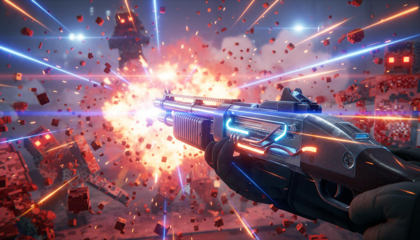 Protagonista de Prodeus em ação com shotgun, em cenário caótico pixelizado com efeitos modernos