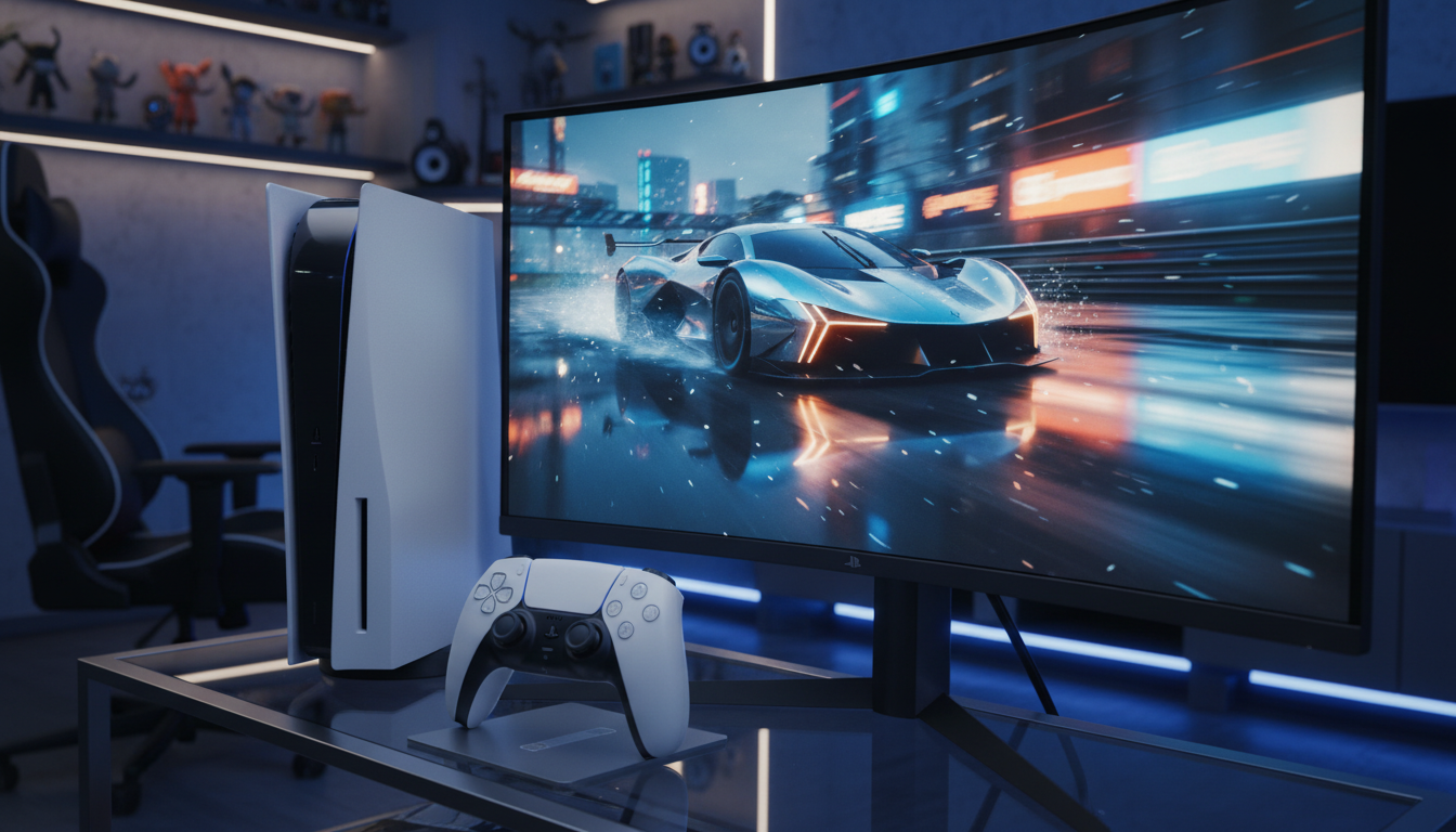 Console PS5, controle DualSense e tela com jogo de corrida futurista e realista, simbolizando inovações em jogos de corrida.