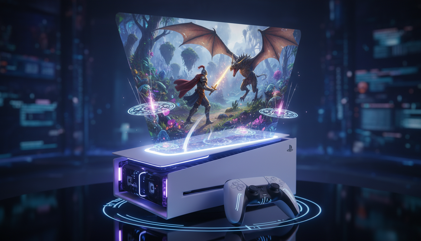 PlayStation 5 futurista projetando cena de RPG épica com dragão e cavaleiro