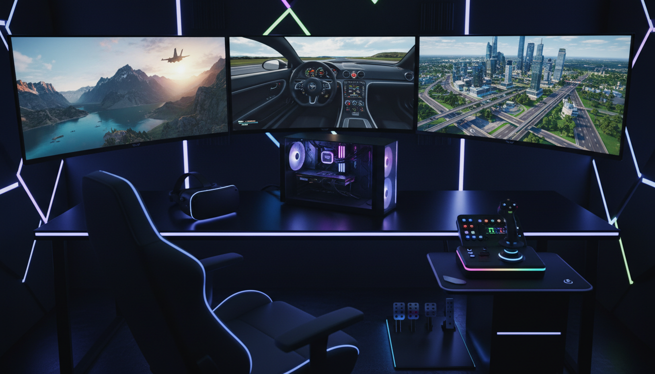 Setup de PC gamer com múltiplos monitores, joystick, volante e VR headset, rodando simuladores de voo, corrida e construção de cidades, simbolizando o futuro dos simuladores em 2026.