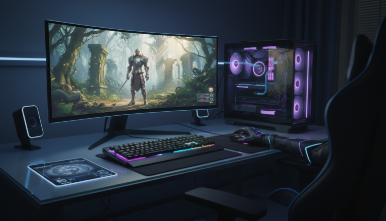 Gamer jogando RPG de fantasia futurista em um PC de alta performance com gráficos realistas e ambiente imersivo.