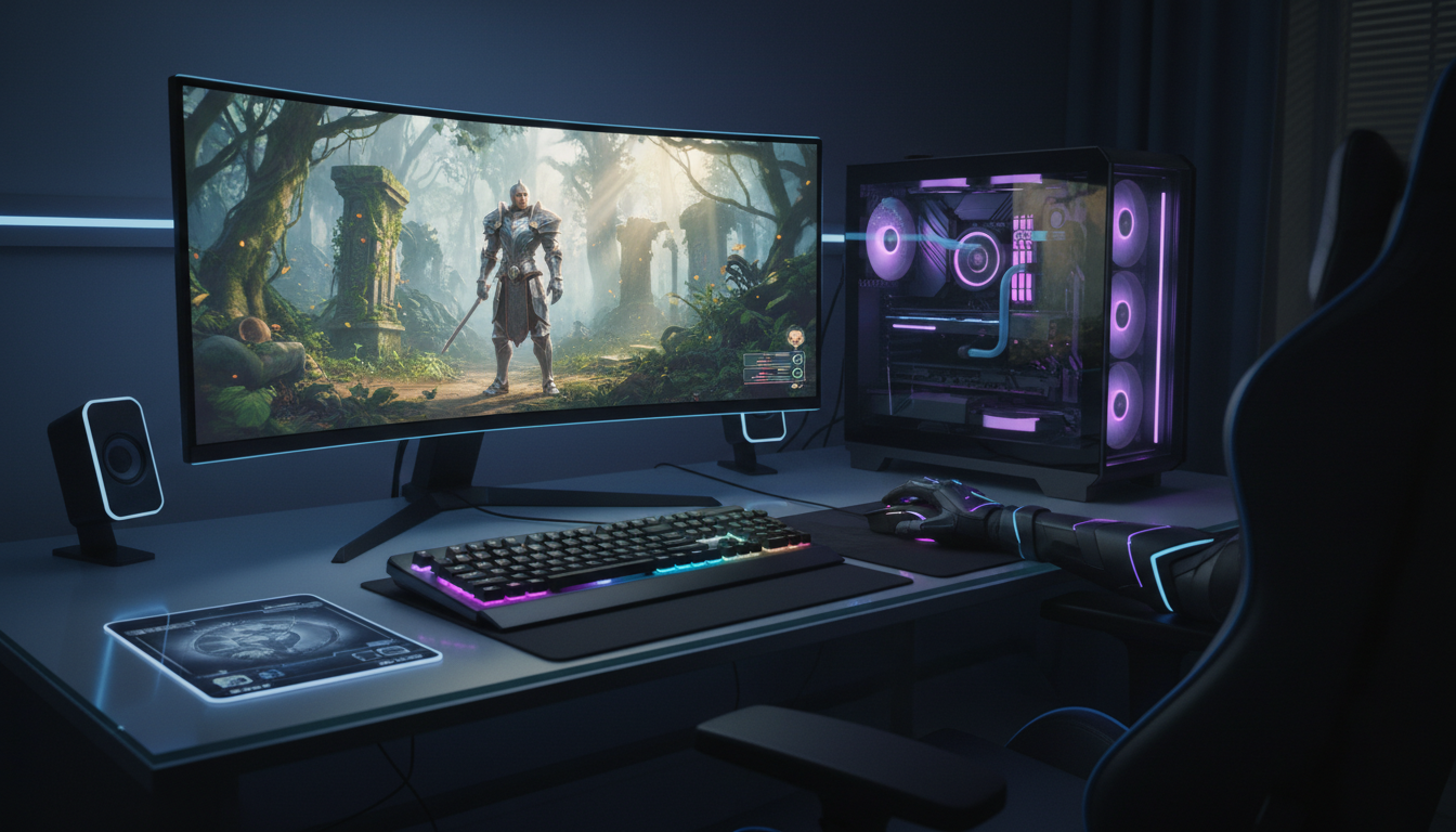Gamer jogando RPG de fantasia futurista em um PC de alta performance com gráficos realistas e ambiente imersivo.