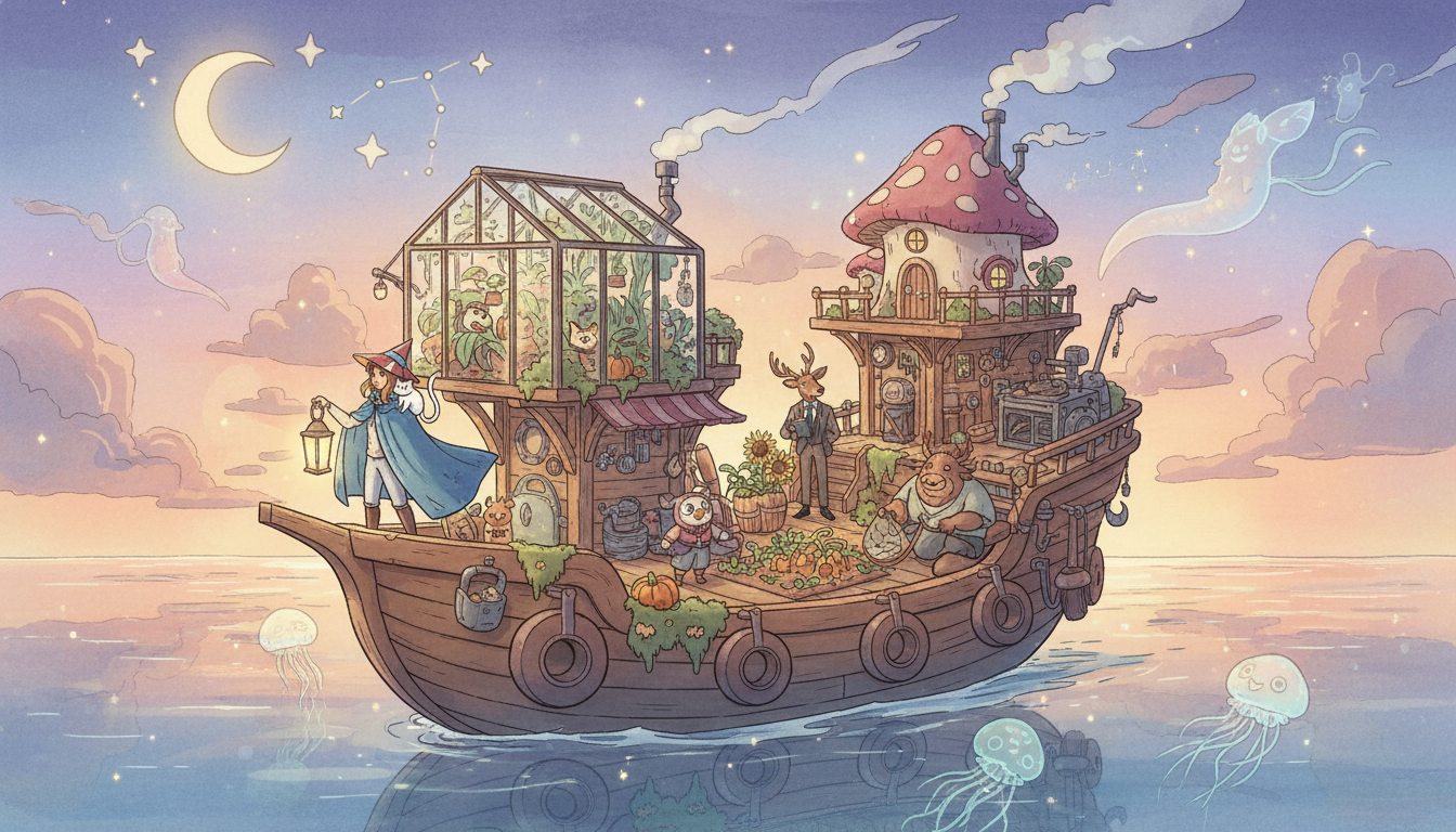 Stella e Daffodil no navio Spiritfarer, com vários espíritos e construções, navegando em um mar calmo