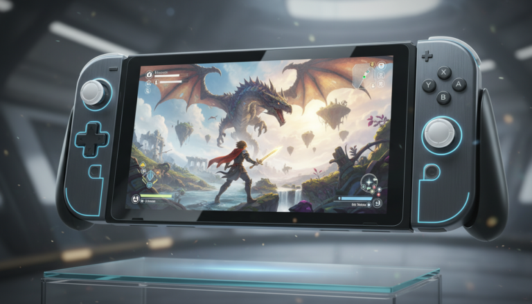 Console Nintendo Switch 2 rodando um jogo de ação e aventura com gráficos impressionantes e jogabilidade imersiva.