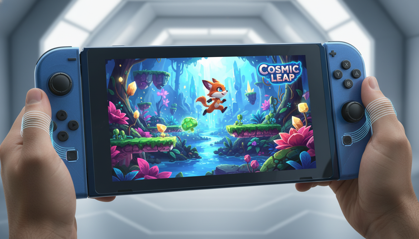 Nintendo Switch 2 em uso, mostrando um jogo de plataforma com inovações gráficas e de gameplay, destacando a tecnologia háptica e o design moderno do console.