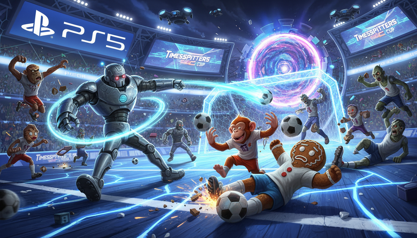 Personagens de Timesplitters 2 jogando futebol em um cenário futurista de PS5