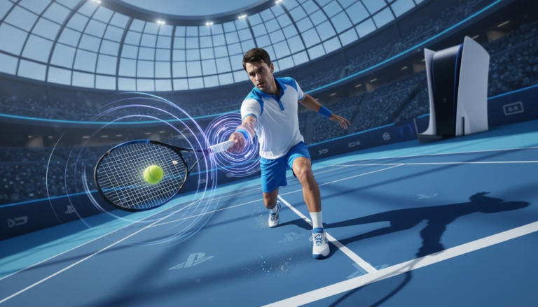 Jogador de tênis com raquete em quadra azul, representando o jogo Top Spin 4 e as inovações do PS5