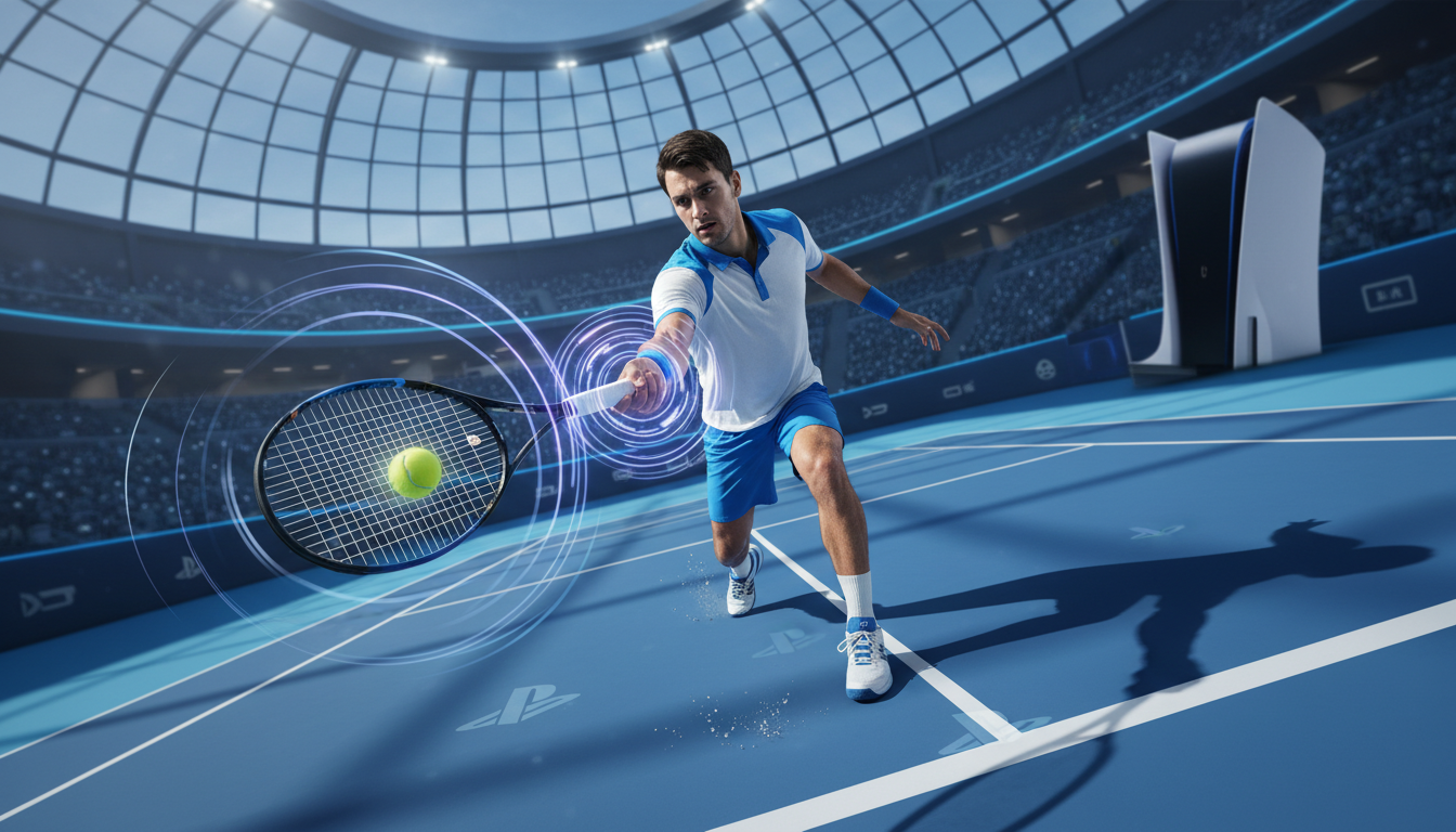 Jogador de tênis com raquete em quadra azul, representando o jogo Top Spin 4 e as inovações do PS5