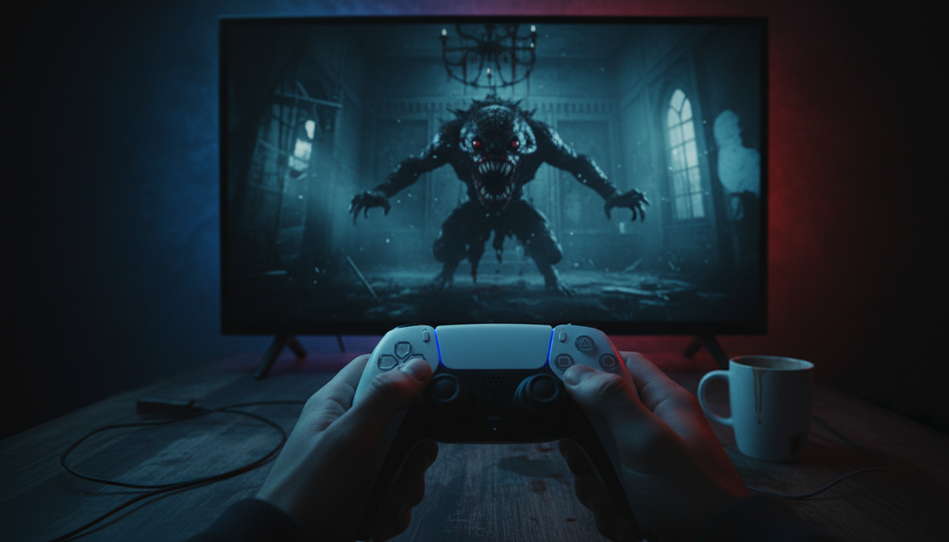 Controle DualSense do PS5 em mãos, jogando um jogo de terror em tela escura, representando os jogos de terror indispensáveis no PS5.