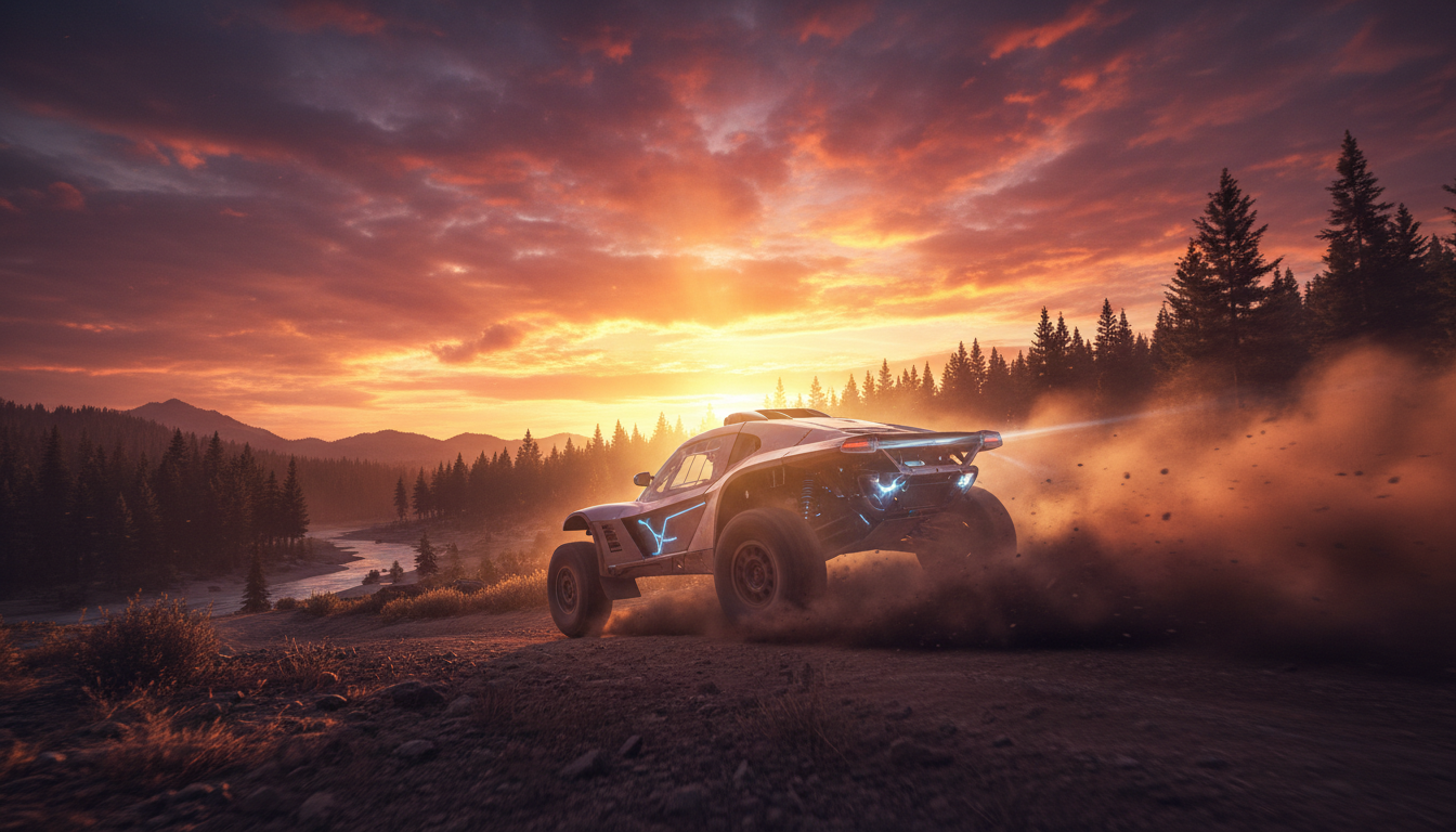 Veículo off-road vermelho e preto em alta velocidade em trilha de terra com pôr do sol, simbolizando jogos de aventura e corrida no Switch 2
